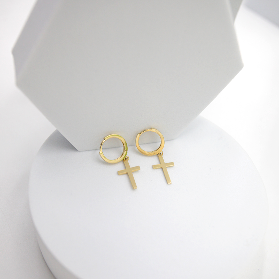 14K Yellow Gold Religious Cross Dangle Earrings