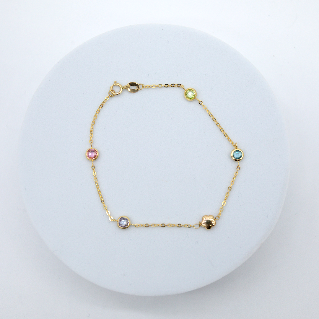 14K Yellow Gold Flower with Colorful Round Stone Bracelet