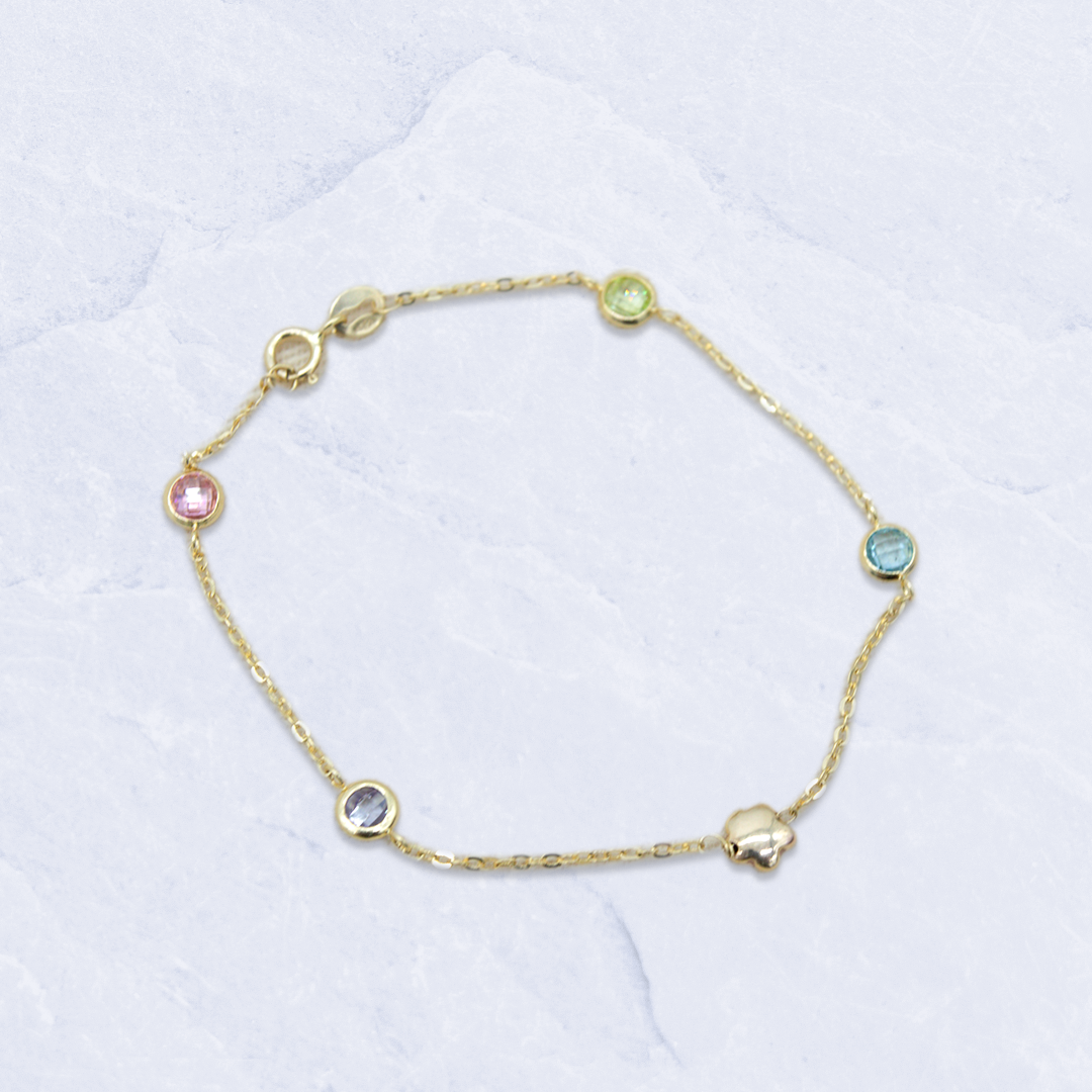 14K Yellow Gold Flower with Colorful Round Stone Bracelet