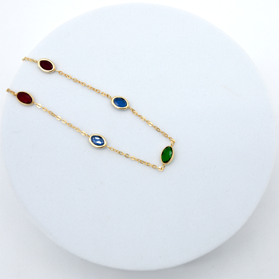 14K Yellow Gold Oval Station Colorful Stones Bracelet