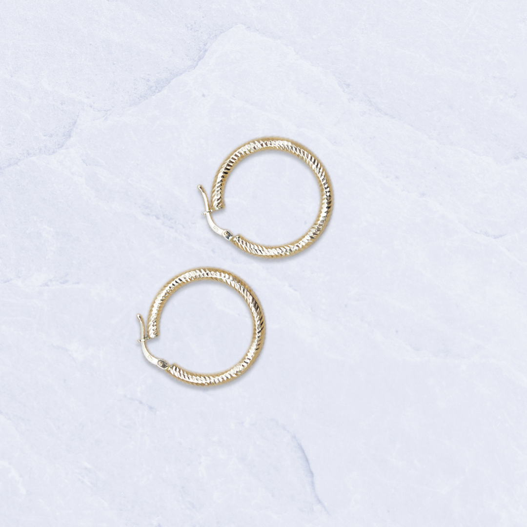 14K Yellow Gold Medium Ribbed Design Hoops