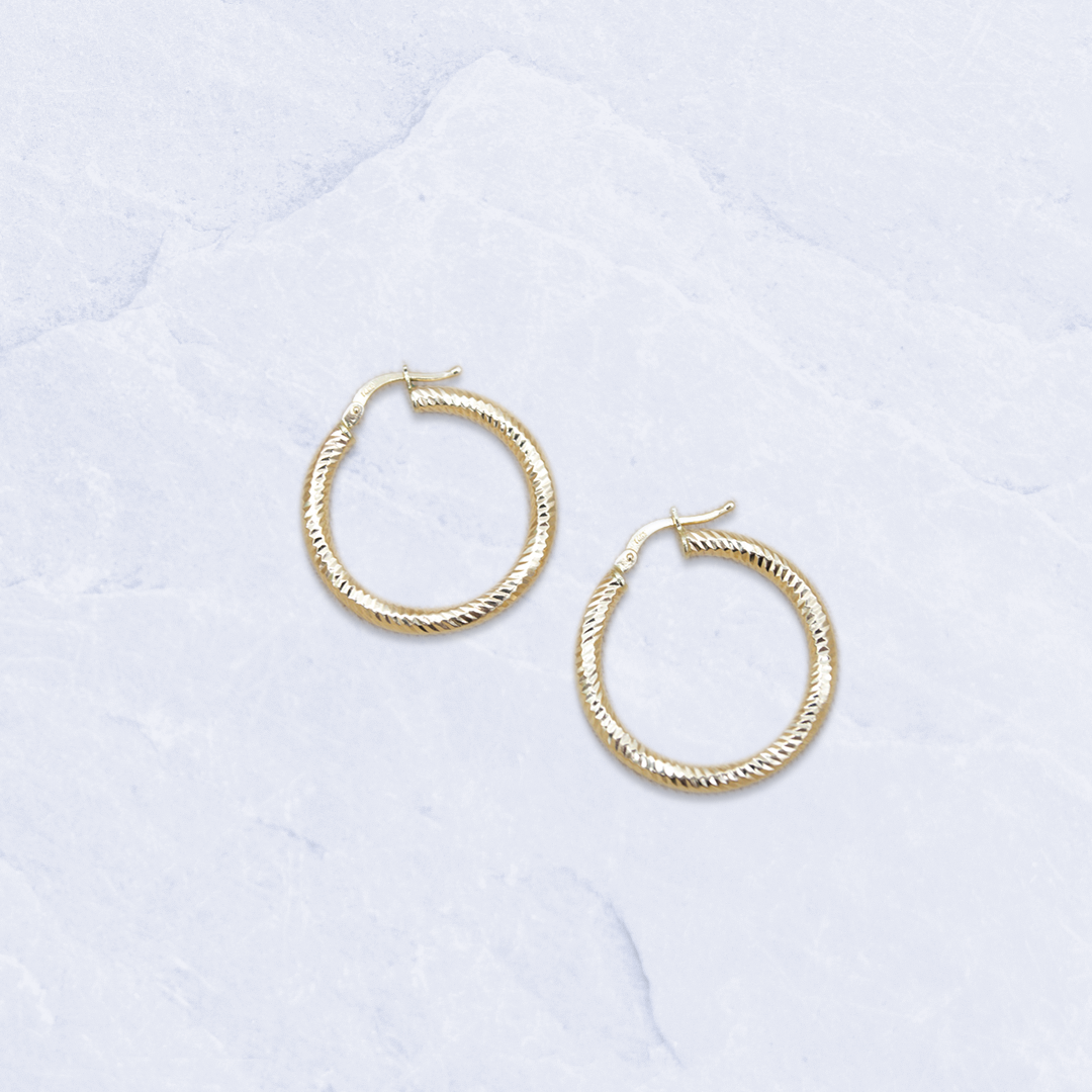 14K Yellow Gold Medium Ribbed Design Hoops