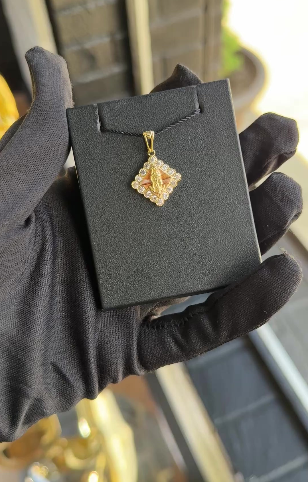 14K Three Tone Gold CZ Rhombus Virgin Mary 2.8G Pendant